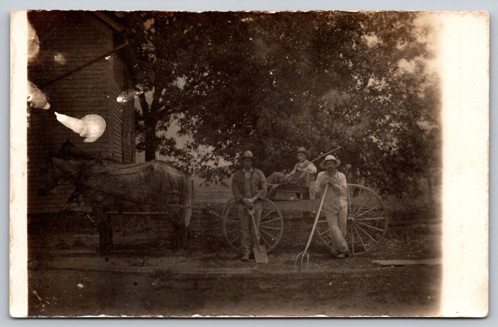 1909 Real Photo Postcard RPPC Horse Wagon Farm Workers Richmond IL Whitewater WI